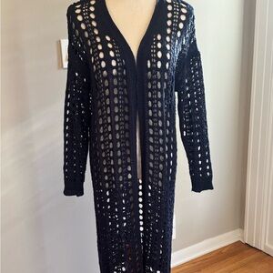 Navy Blue Open-Knit Long Cardigan